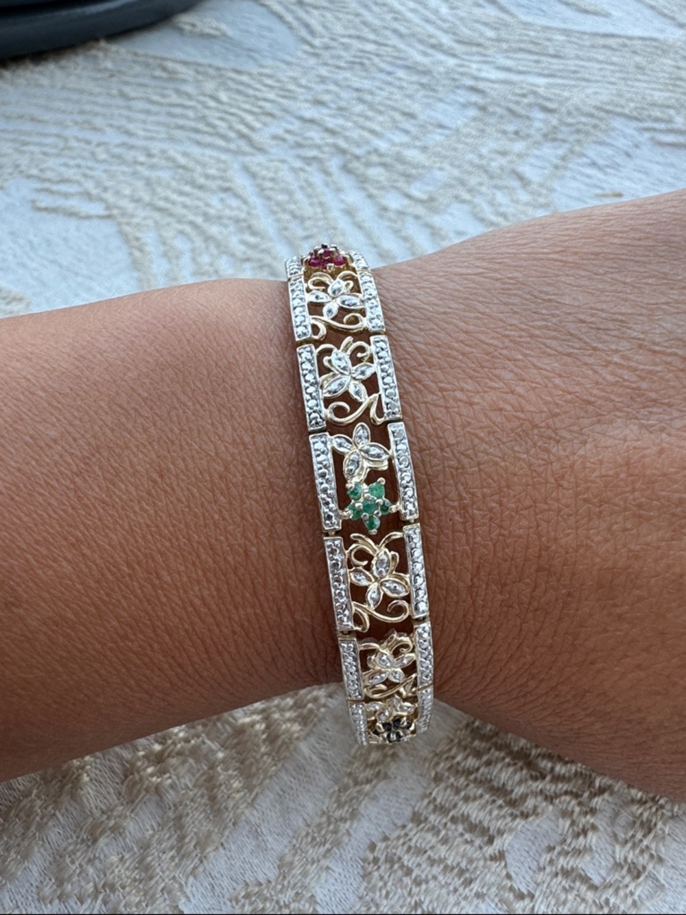 Ross-Simons Gold-Tone Floral Bracelet with Green and Red Gem Accents